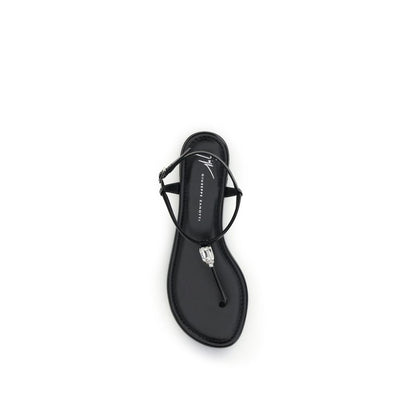 Giuseppe Zanotti Black Calf Leather Bos Taurus Flat Sandals