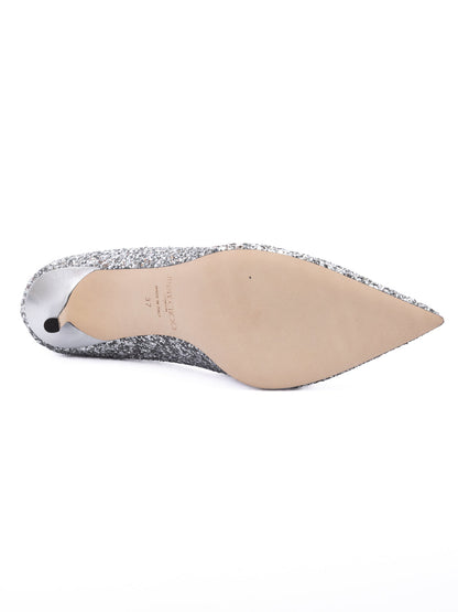 Jimmy Choo Silver Coarse Glitter Fabric Agnes Pumps