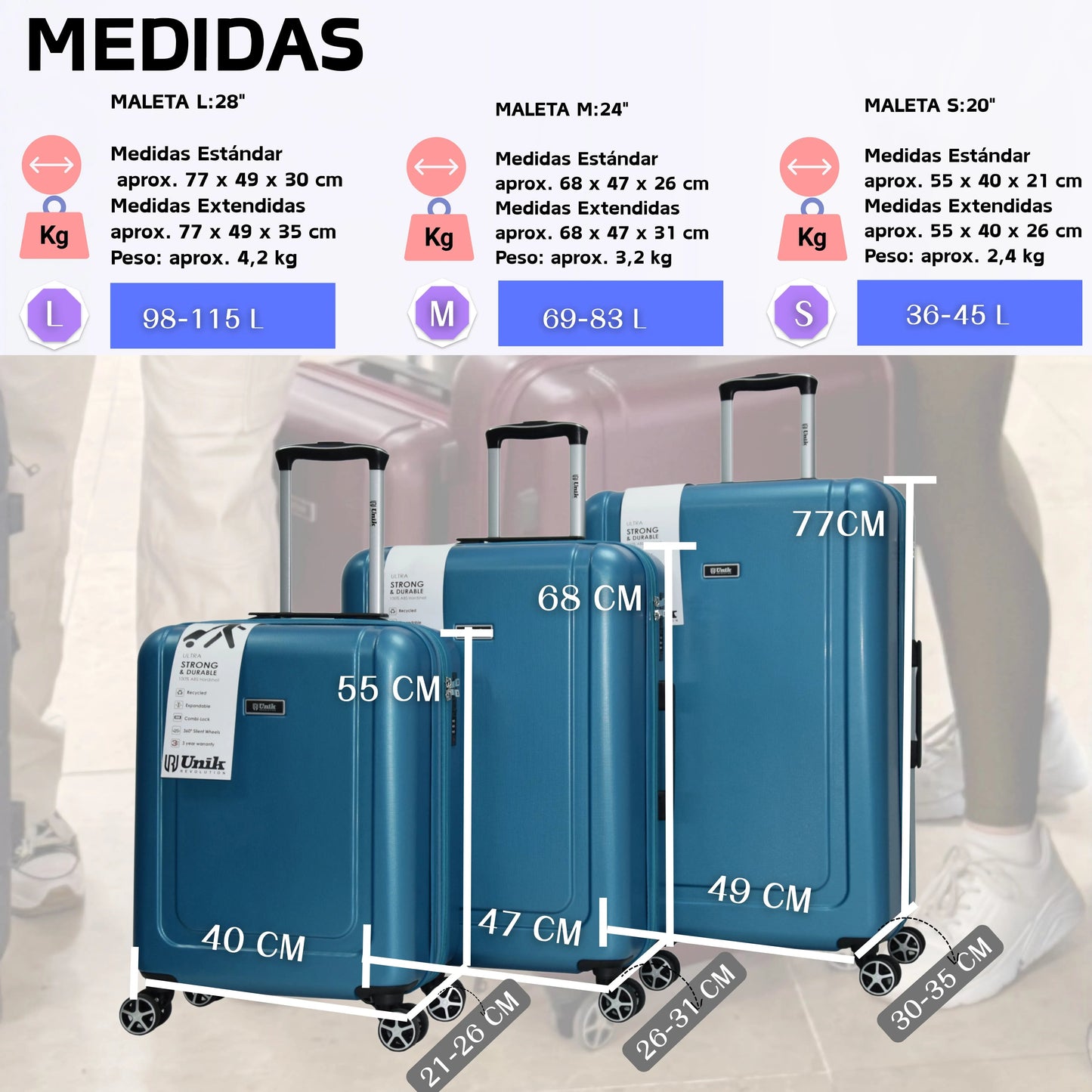 Juego de Maletas Rígidas ABS | Set 20", 24", 28" con 4 Ruedas y Expandable