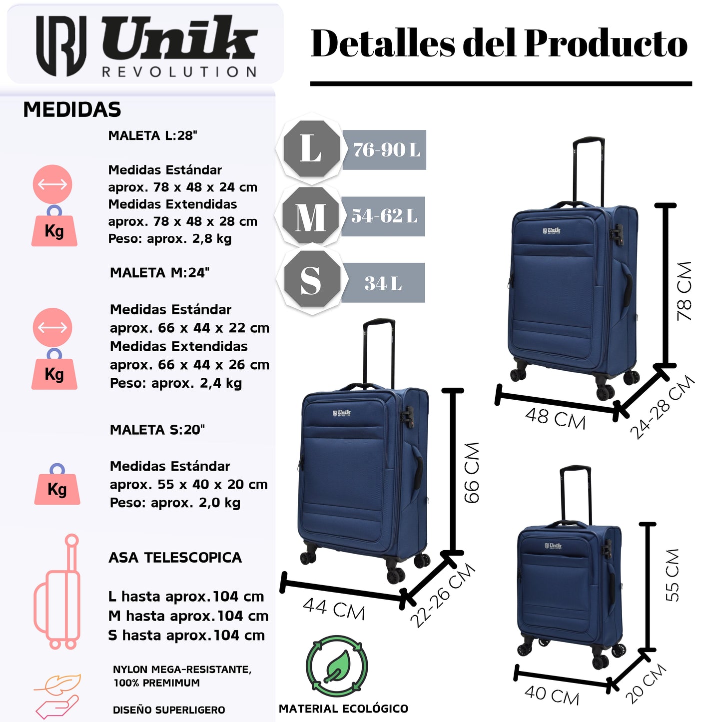 Juego de 3 Maletas Nylon | Set 20", 24", 28" con 4 Ruedas y TSA