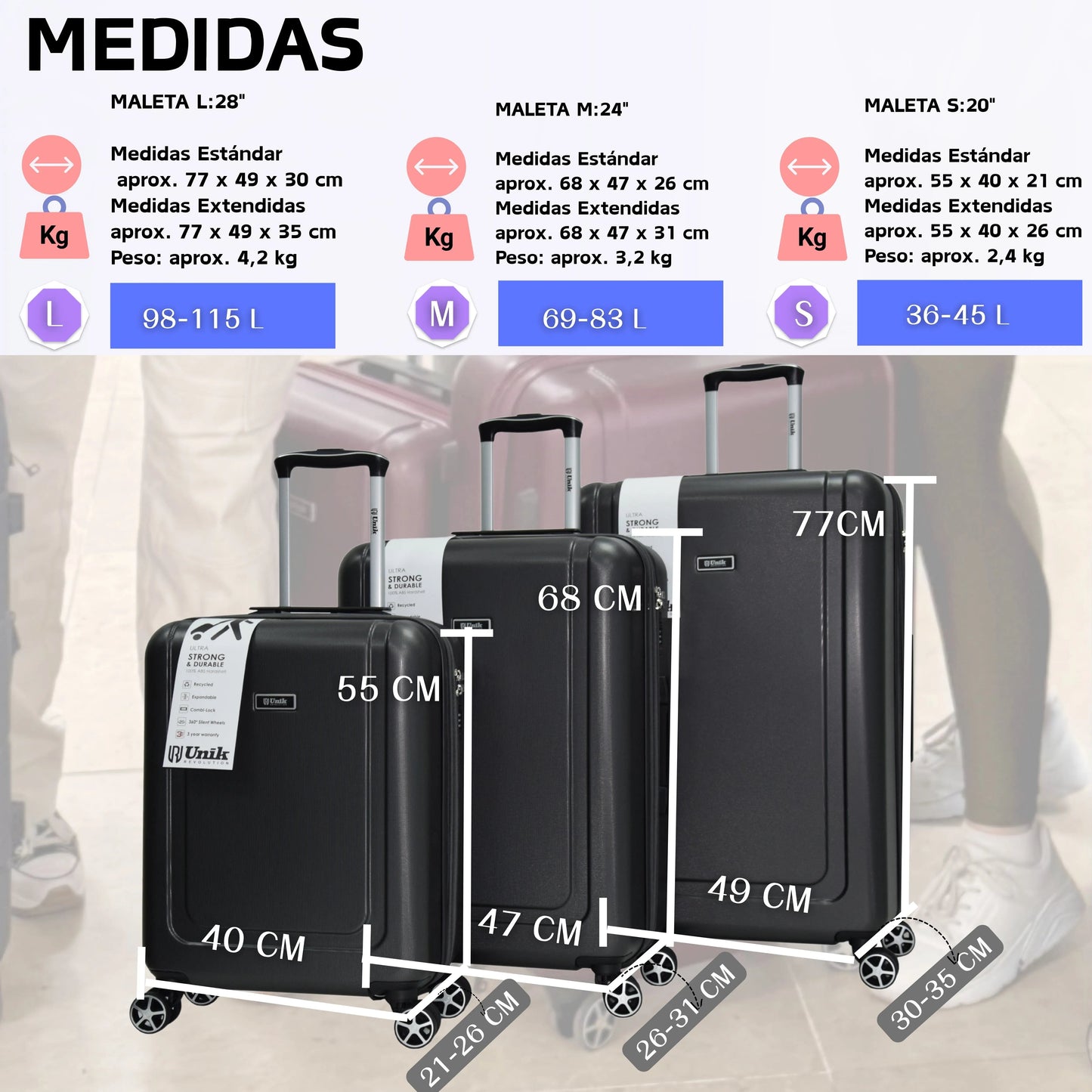 Juego de Maletas Rígidas ABS | Set 20", 24", 28" con 4 Ruedas y Expandable