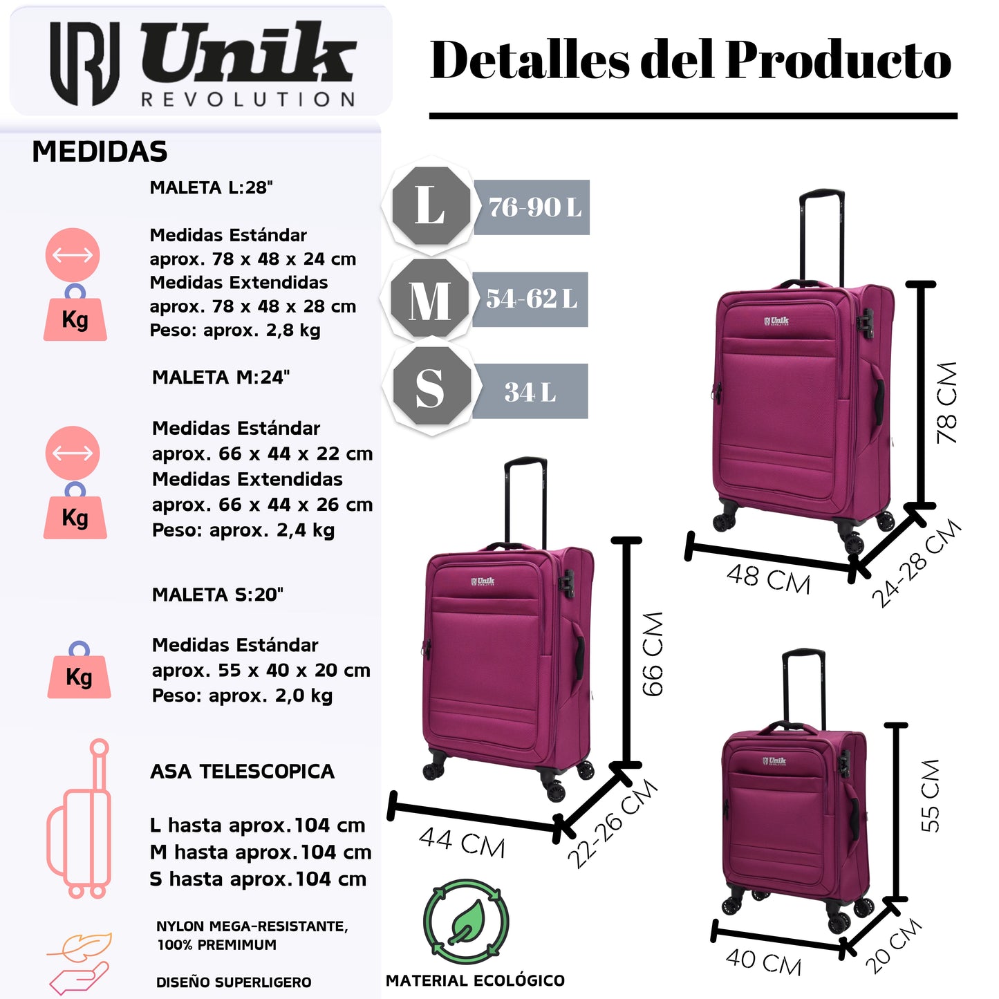 Juego de 3 Maletas Nylon | Set 20", 24", 28" con 4 Ruedas y TSA
