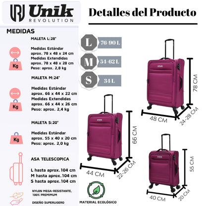 Juego de 3 Maletas Nylon | Set 20", 24", 28" con 4 Ruedas y TSA