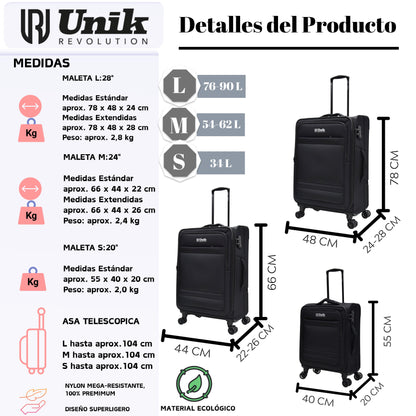 Juego de 3 Maletas Nylon | Set 20", 24", 28" con 4 Ruedas y TSA