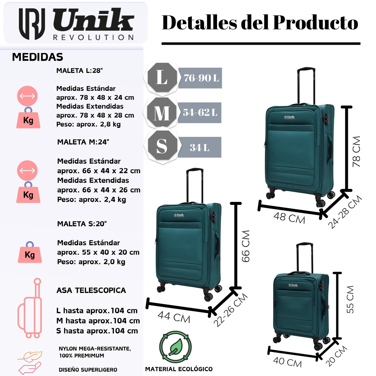 Juego de 3 Maletas Nylon | Set 20", 24", 28" con 4 Ruedas y TSA